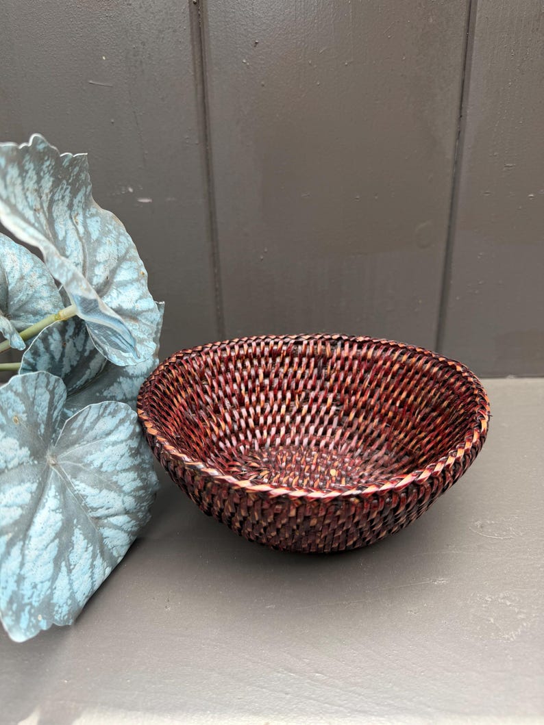 Handwoven Rattan Bowl Basket | Small Boho Catchall Tray, Natural Decor