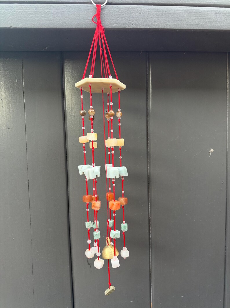 Natural Jade Wind Chime with Carved Elephants & Bell | Colorful Hanging Home Decor