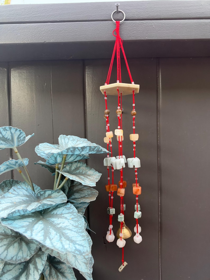 Natural Jade Wind Chime with Carved Elephants & Bell | Colorful Hanging Home Decor
