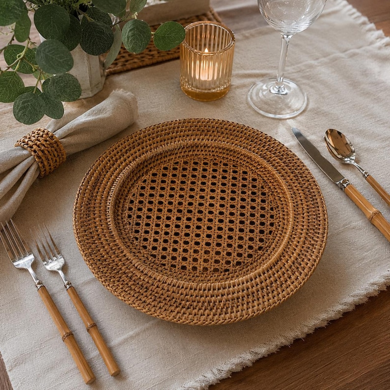 Handwoven Rattan Charger Plate | Boho Farmhouse Table Decor, Natural Wicker Placemat