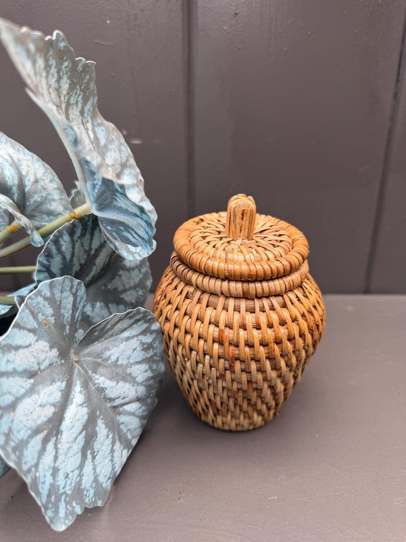 Handmade Rattan Container with Lid / Jewelry Storage Basket | Ring & Earring Organizer / Boho Home Decor