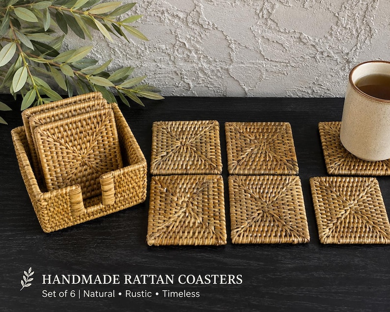 Handmade Square Rattan Coasters - Set of 6 Boho Rustic Style