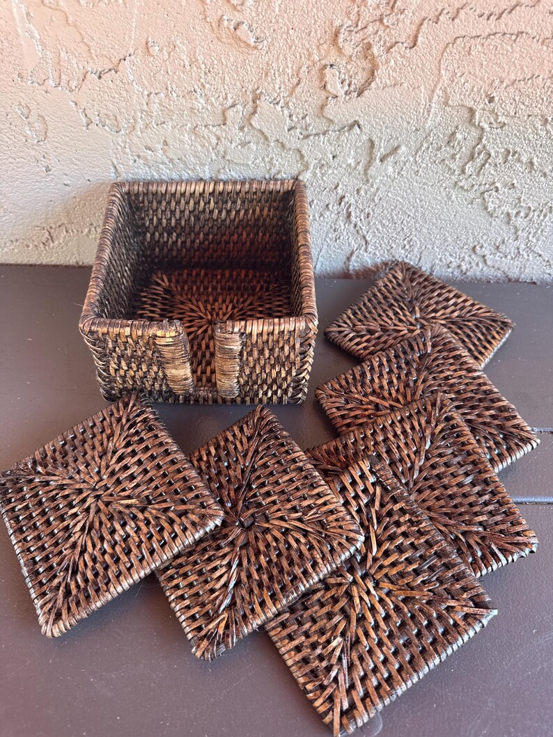 Handwoven Square Rattan Coasters - Boho Drink Coaster Set