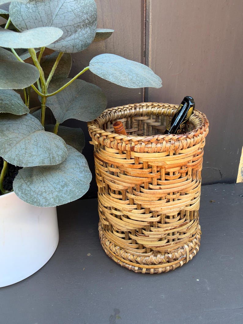 Handwoven Rattan Pencil Holder, Rustic Wicker Desk Organizer, Natural Woven Storage Basket, Boho Office Decor, Handmade Gift