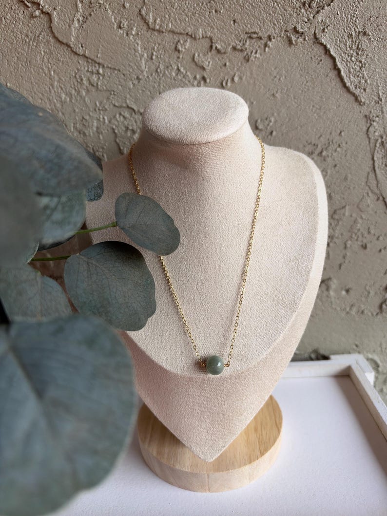 Natural Burmese Jade Bead Necklace, Dainty Gold Chain, Minimalist Jewelry