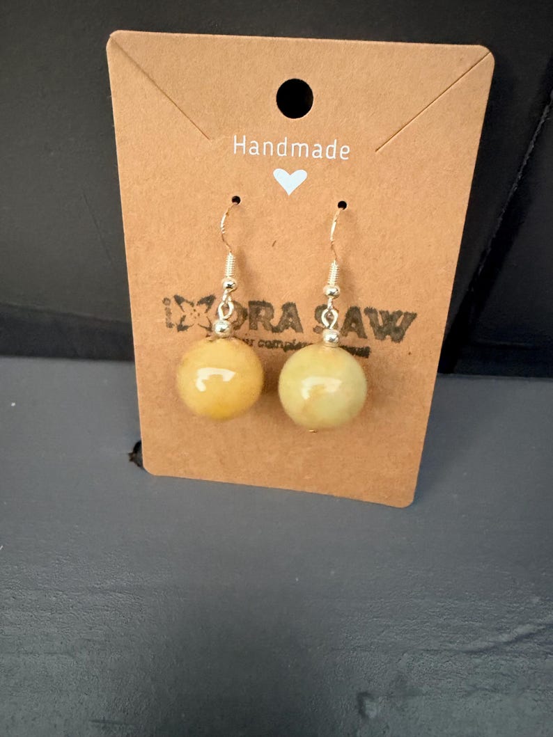 Handcrafted Natural Burmese Jade Drop Earrings,  Green Beads, Gold Tone (Founder-Made)