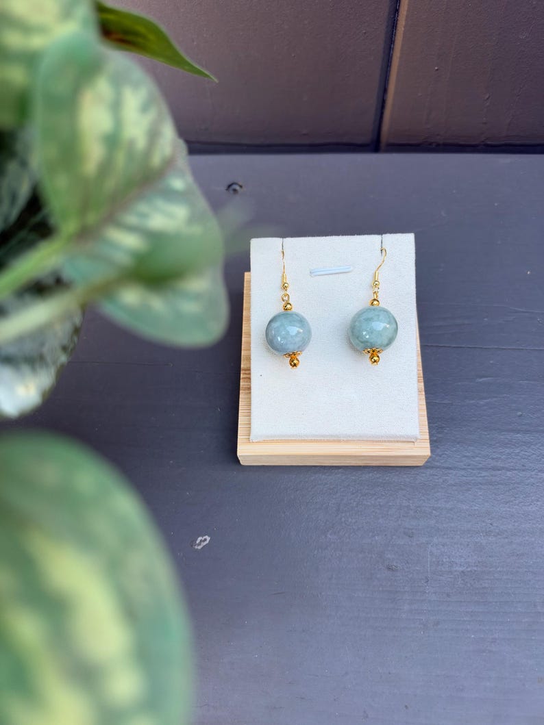 Handcrafted Natural Burmese Jade Drop Earrings, Gold Tone Accents (13mm Beads)