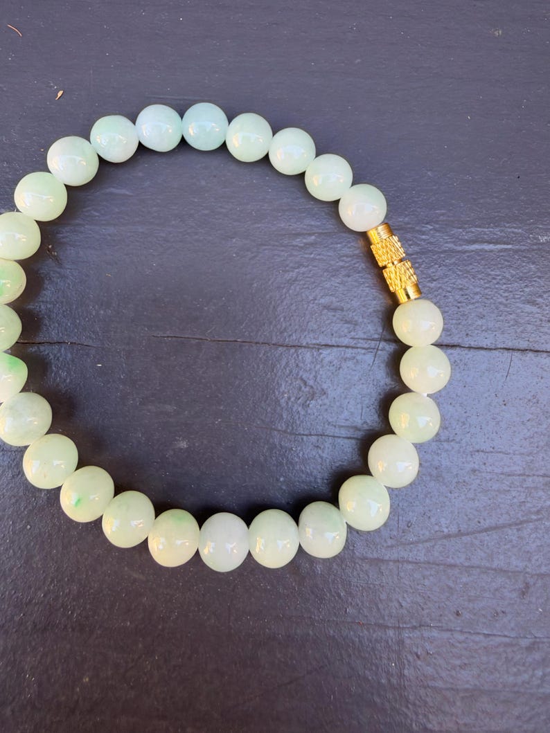 Natural Burmese Green Jade Bead Bracelet, Gold Accent, 7mm