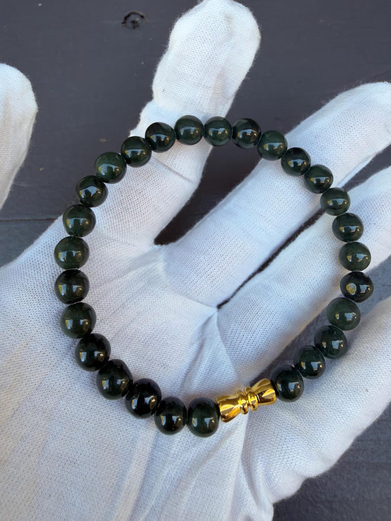 Natural Burmese Jade Bracelet, 7mm Dark Green Beads, Gold Accent