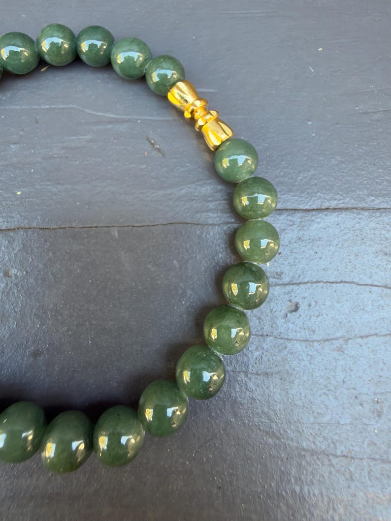 Natural Burmese Green Jade Bracelet, 7mm Beads, Gold Accent (Gift)