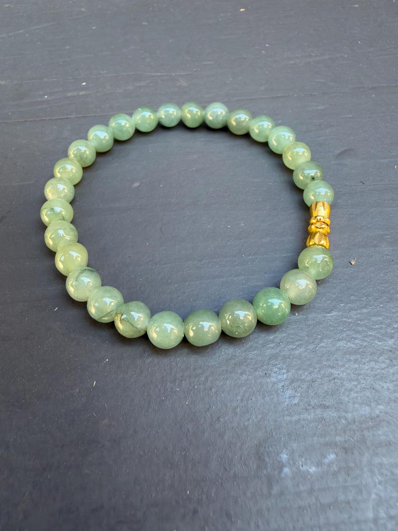 Natural Burmese Jade Bead Bracelet, 7mm Light Green, Gold Accent