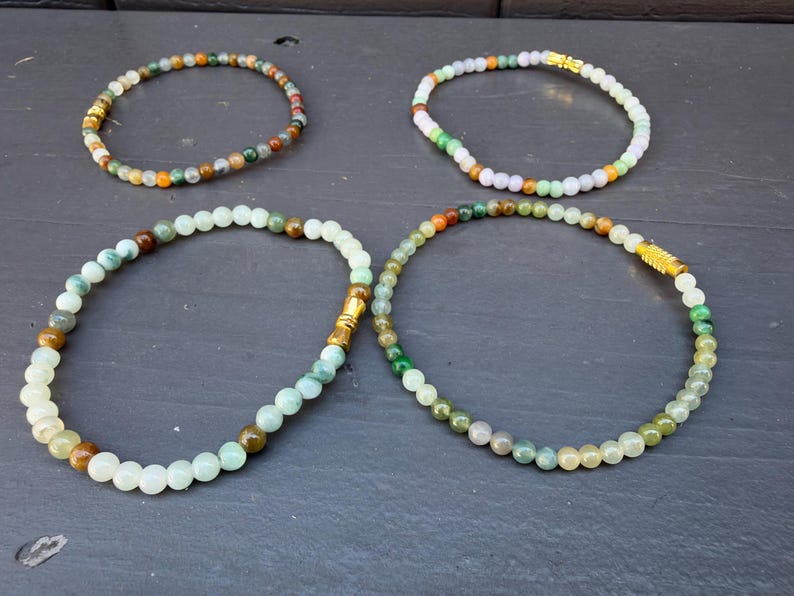 Natural Burmese Jade Beaded Stretch Bracelet, 3mm Dainty Green Jade Jewelry