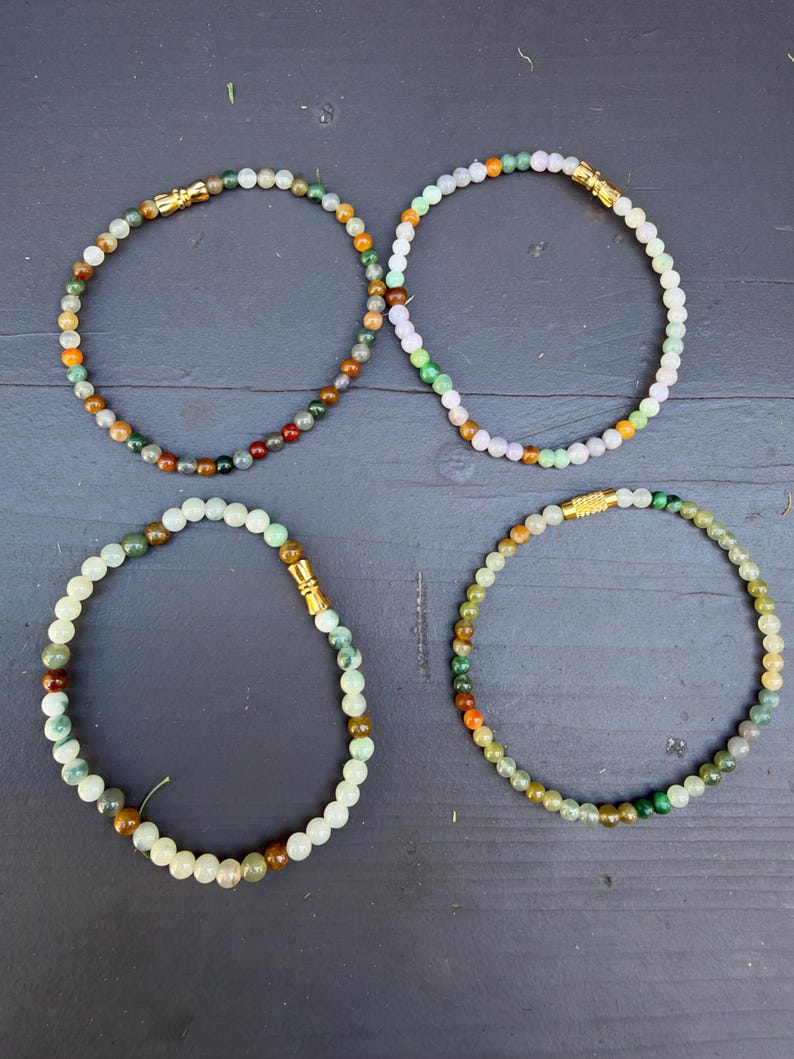 Natural Jade Beaded Stretch Bracelet, 3mm Dainty Green Multicolor Jewelry (Gold Accent)