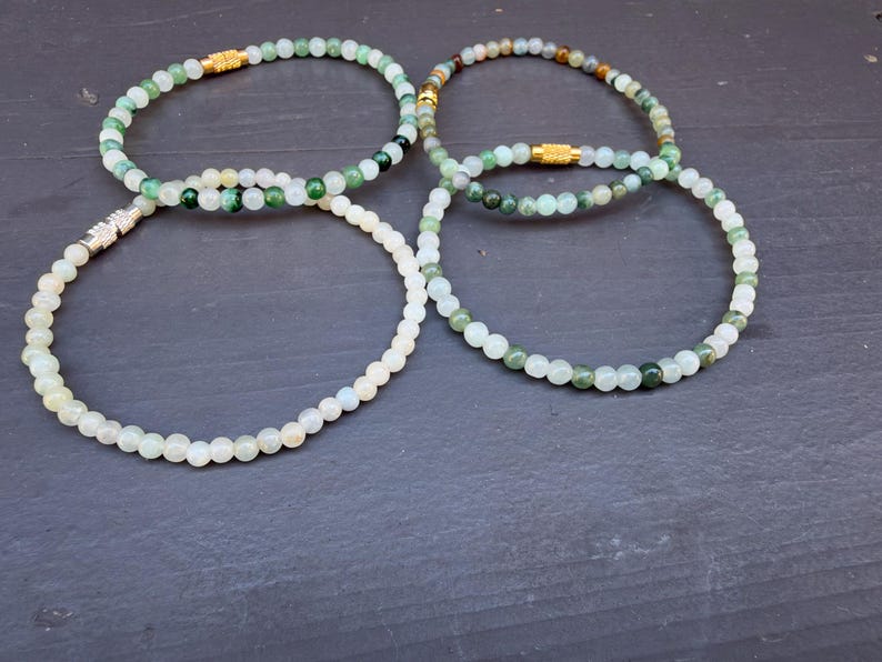 Natural Jade Beaded Stretch Bracelet, 3mm Dainty Green Multicolor Jewelry, Gold Accent