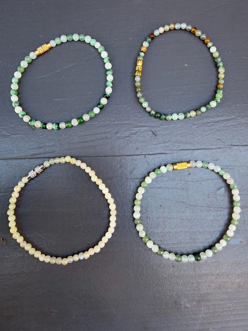 Natural Jade Beaded Stretch Bracelet, 3mm Dainty Green Multicolor Jewelry, Gold Accent
