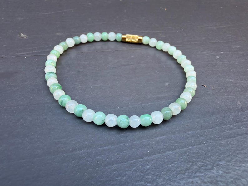 Natural Jade Beaded Stretch Bracelet, 3mm Dainty Green Multicolor Jewelry (Gold Accent)