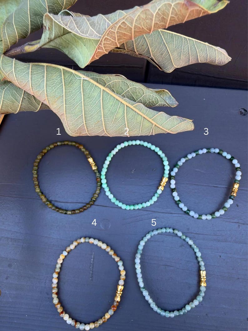 Natural Jade Beaded Stretch Bracelet, 3mm Dainty Green Jewelry, Gold Accent