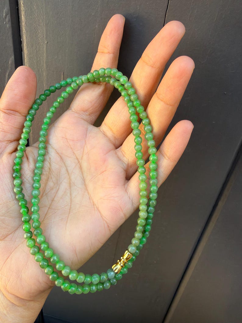 Natural Burmese Green Jade Bead Necklace, Polished Round Beads, 5 mm