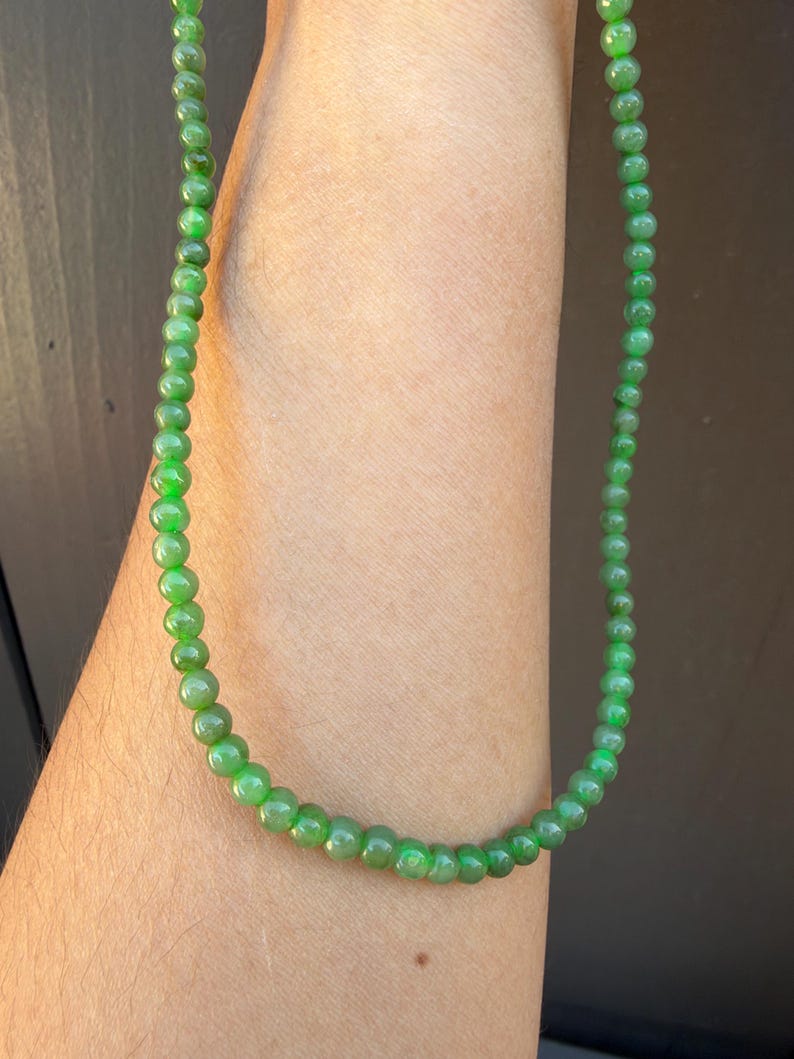 Natural Burmese Green Jade Bead Necklace, Polished Round Beads, 5 mm