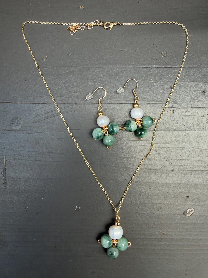 Natural Burmese Green Jade Pearl Necklace Earrings Set, Gold Tone, Elegant Jewelry