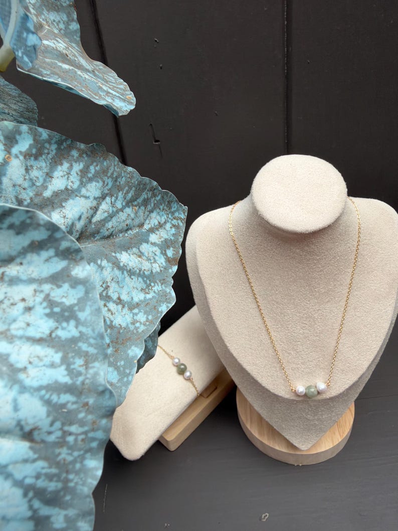 Sage Green Jade Pearl Necklace Bracelet Set, Gold Tone, Minimalist Jewelry