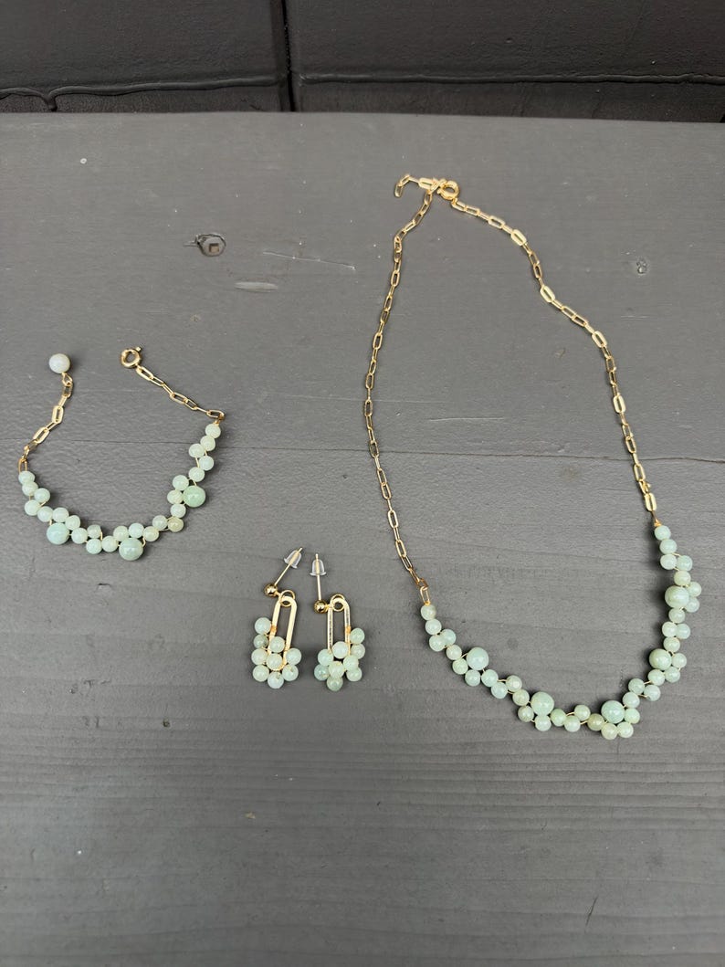 Natural Light Green Jade Beaded Jewelry Set, Gold Tone Necklace, Bracelet, Earrings (3 Piece)