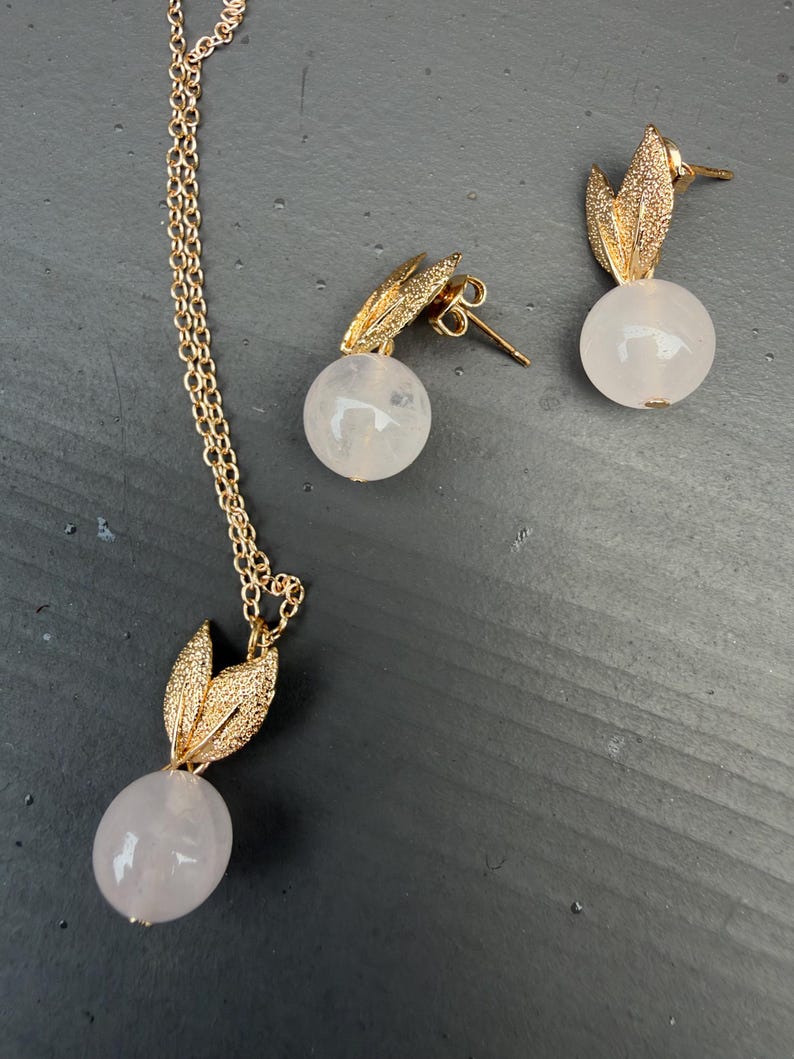 Rose Quartz Necklace & Earrings Set, Gold Leaf Accents, Pink Gemstone Jewelry