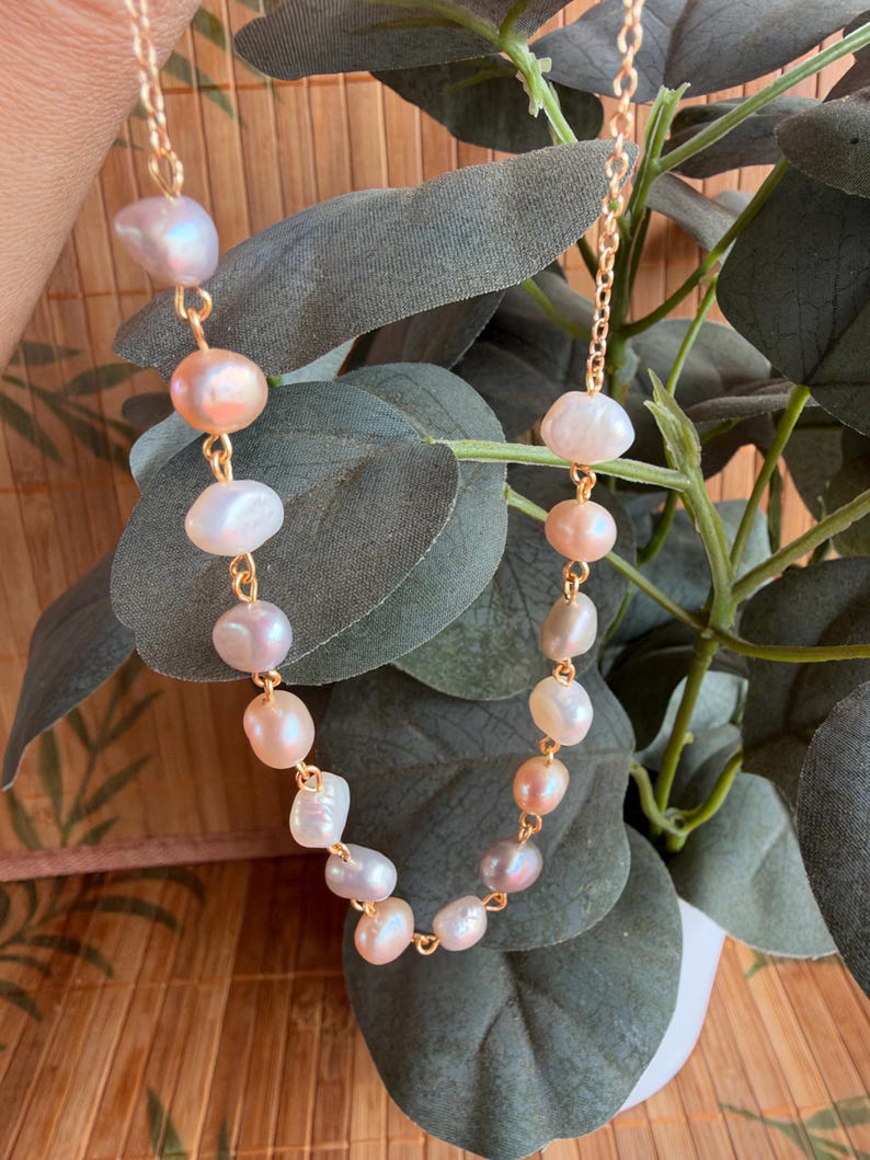 Multicolor Cultured Pearl Necklace, Pink White Lavender Gray Pearls, Gold Chain