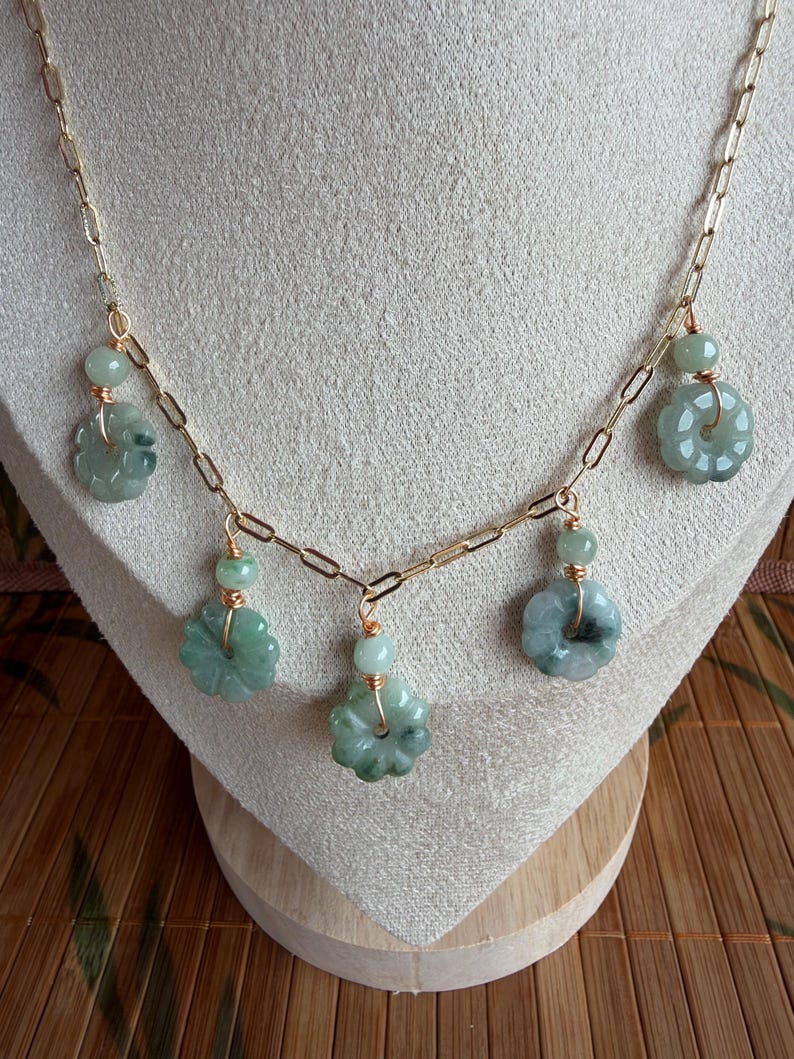 Natural Burmese Jade Flower Necklace, Green Floral Charm, Gold Tone Chain