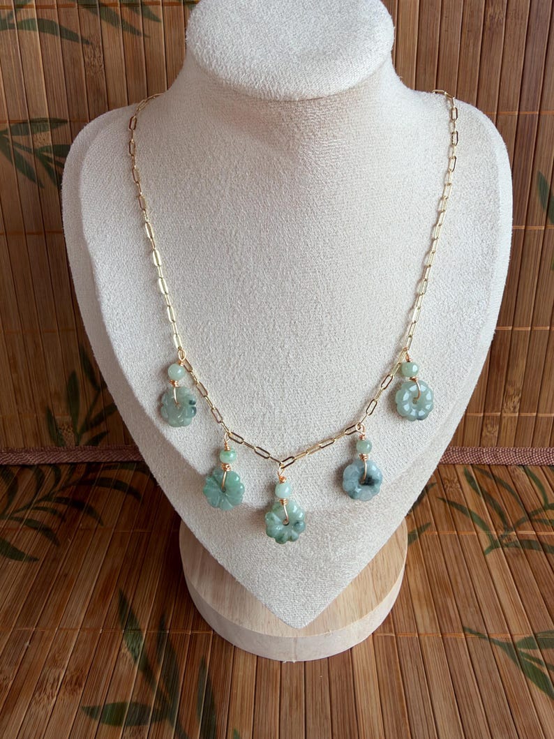 Natural Burmese Jade Flower Necklace, Green Floral Charm, Gold Tone Chain