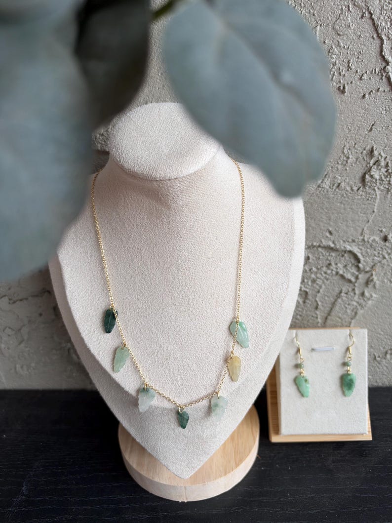 Natural Burmese Jade Leaf Necklace & Earrings Set, Green Botanical Jewelry