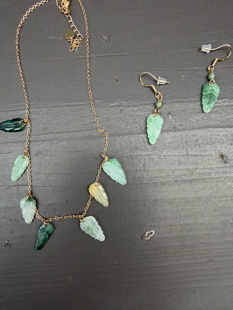 Natural Burmese Jade Leaf Necklace & Earrings Set, Green Botanical Jewelry