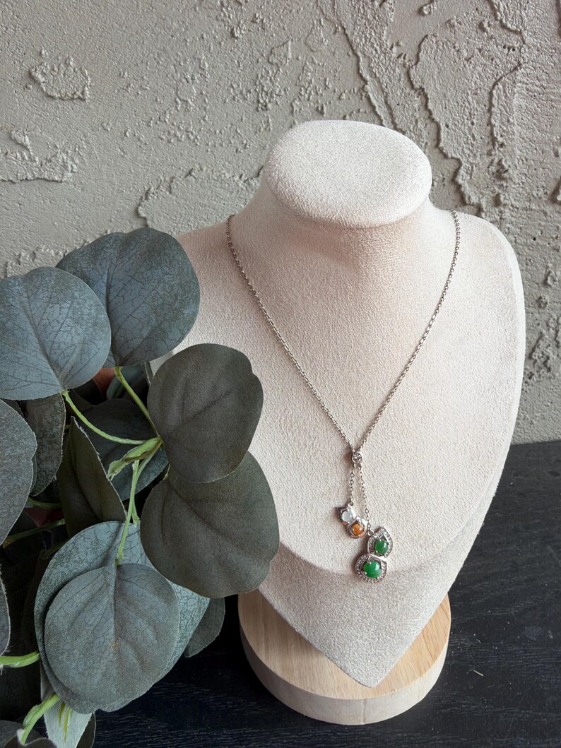 Natural Burmese Multicolor Jade-Style Pendant Necklace, Silver Tone Chain, Cascading Design