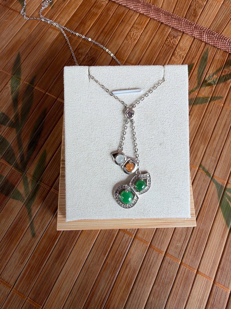 Natural Burmese Multicolor Jade-Style Pendant Necklace, Silver Tone Chain, Cascading Design