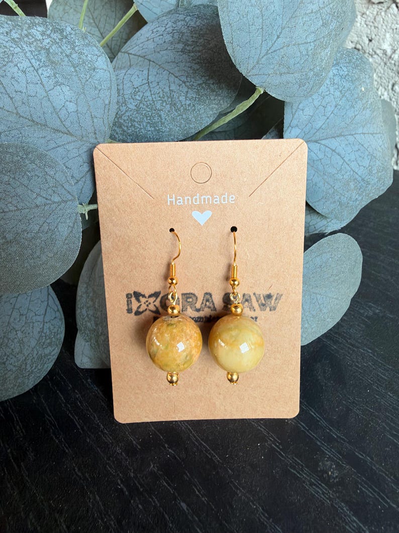 Handmade Yellow Jade Dangle Earrings, Gold Accents, Minimalist Gemstone Jewelry