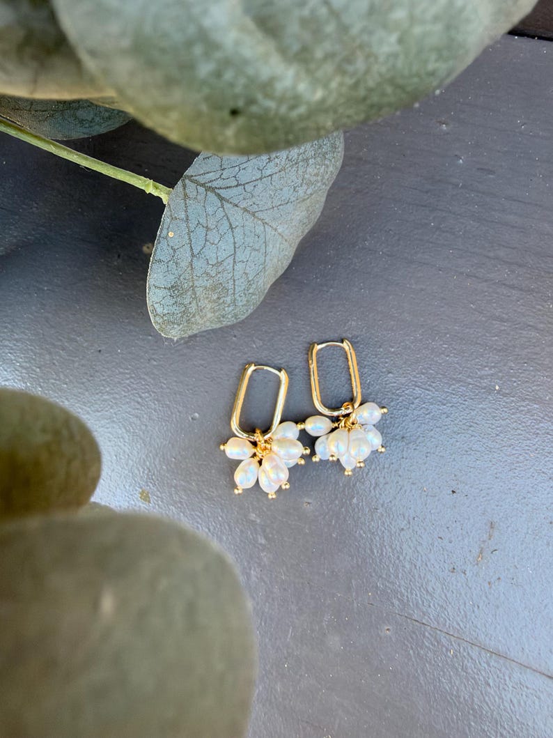 Cultured  Pearl Cluster Earrings, Gold Rectangle Hoop Dangle Earrings, Elegant Pearl Jewelry, Handmade Gift for Her