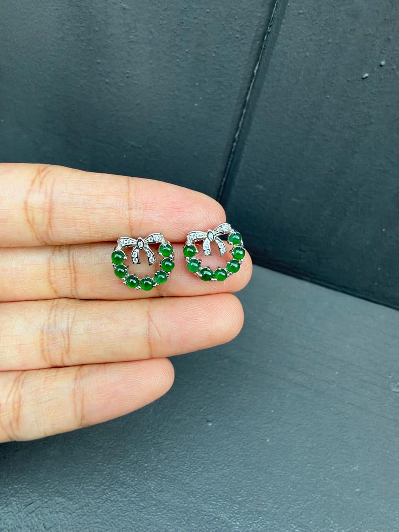 Natural Burmese Green Jade Stud Earrings, Bow Wreath Design, Silver Tone Jade Jewelry, Elegant Gift for Her, Christmas Gift