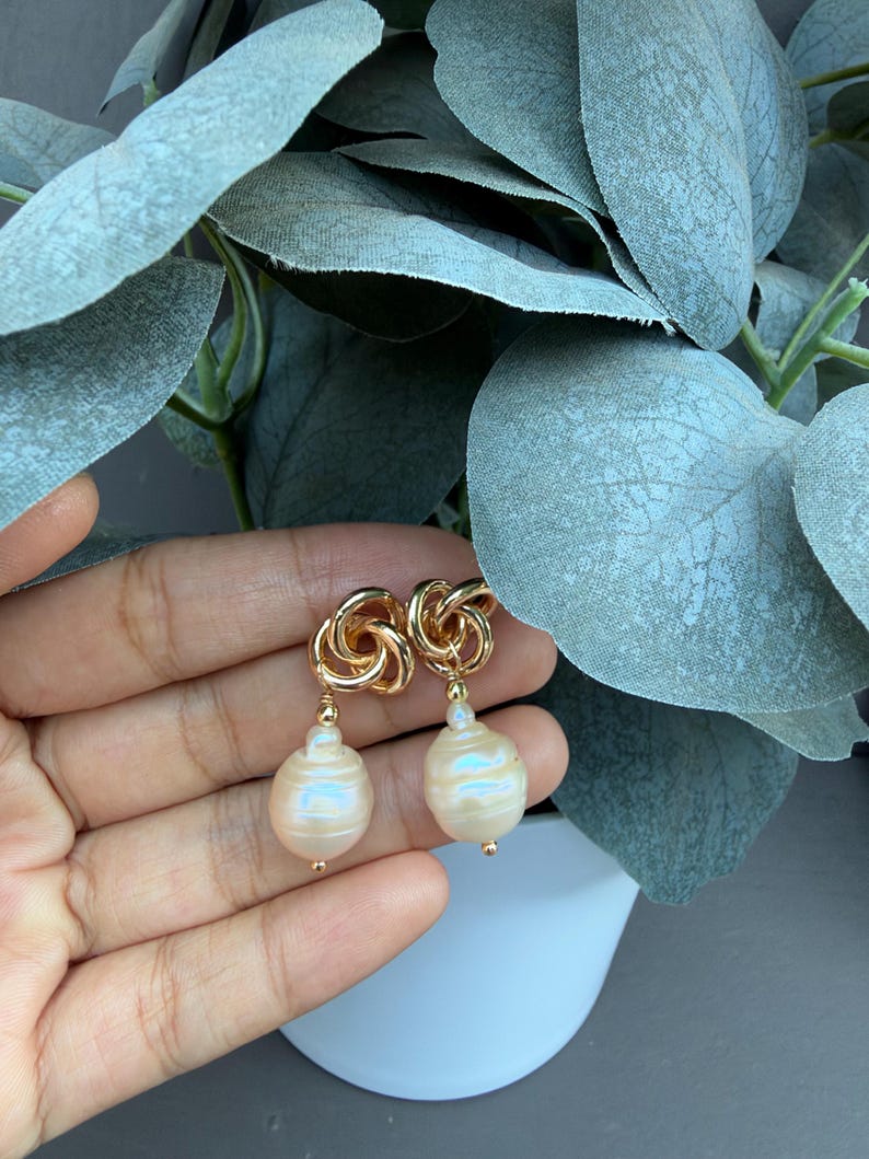 Baroque Cultured Pearl Drop Earrings, Gold Tone Knot Stud Earrings, White Freshwater Pearl Jewelry, Elegant Gift for Her