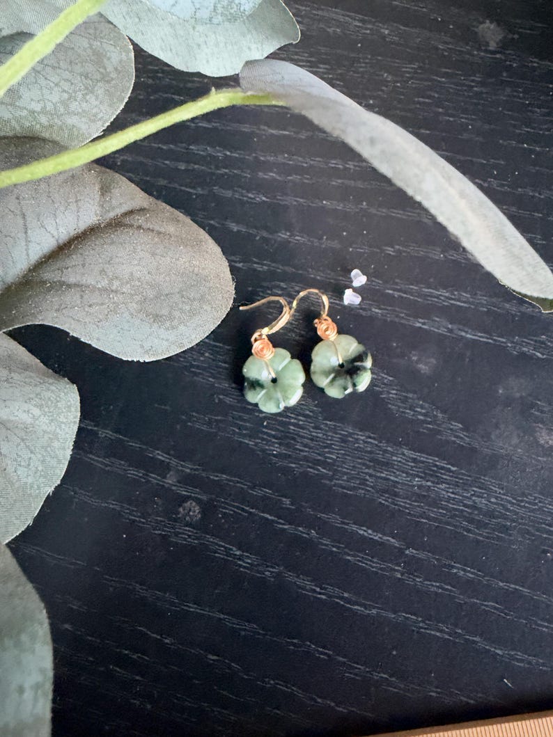 Natural Handmade Burmese Jade  Flower Dangle Earrings, Gold Tone Wire Wrapped, Nature-Inspired Jewelry
