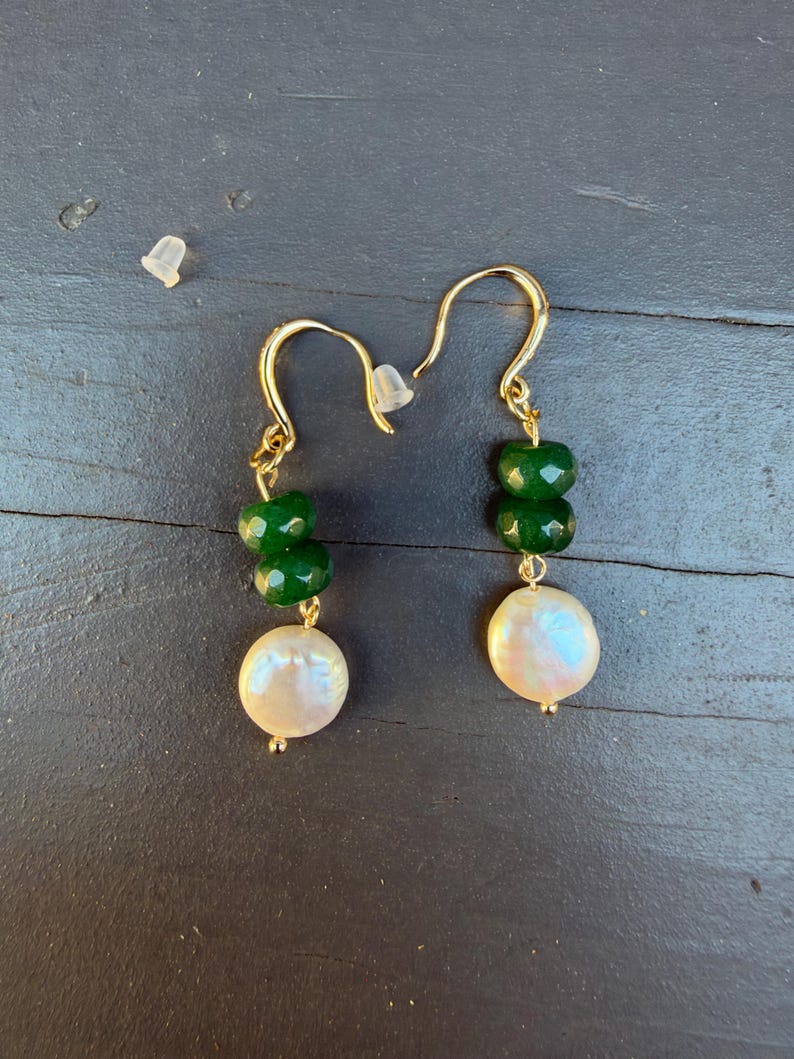 Natural Green Jade & Baroque Pearl Drop Earrings, Freshwater Pearl Dangle Earrings, Gold Tone Jewelry, Elegant Gift for Her