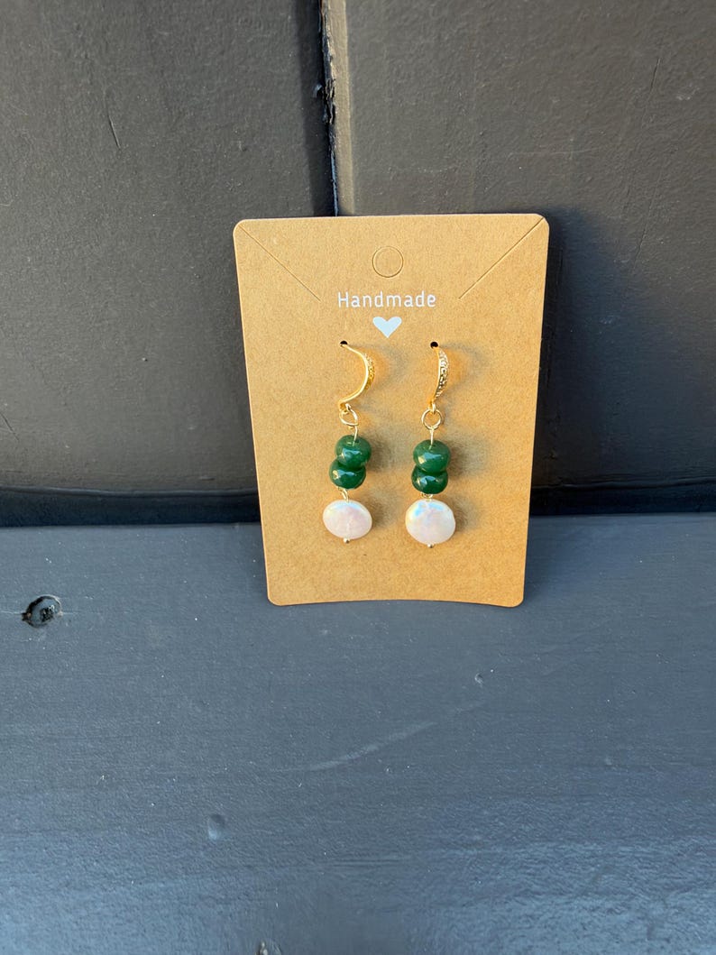 Natural Green Jade & Baroque Pearl Drop Earrings, Freshwater Pearl Dangle Earrings, Gold Tone Jewelry, Elegant Gift for Her