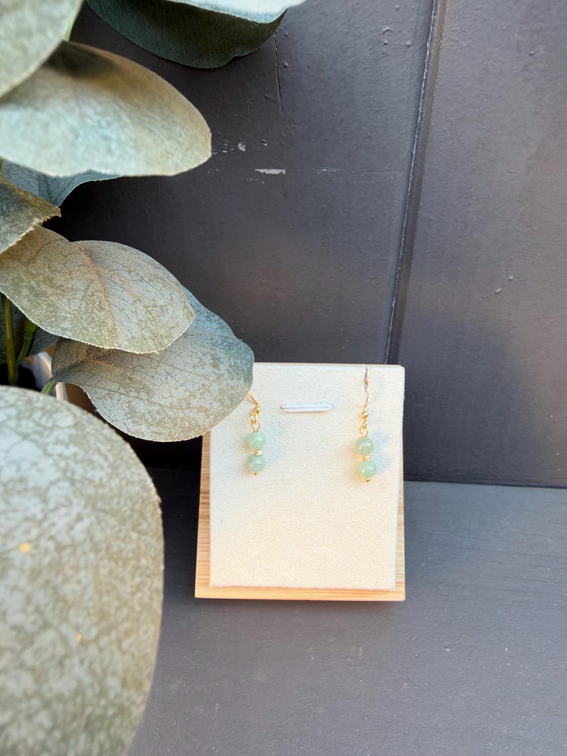 Natural Burmese Light Green Jade Earrings, Double Jade Bead Drop Earrings, Gold Tone Dangle Earrings, Handmade Jade Jewelry, Gift for Her