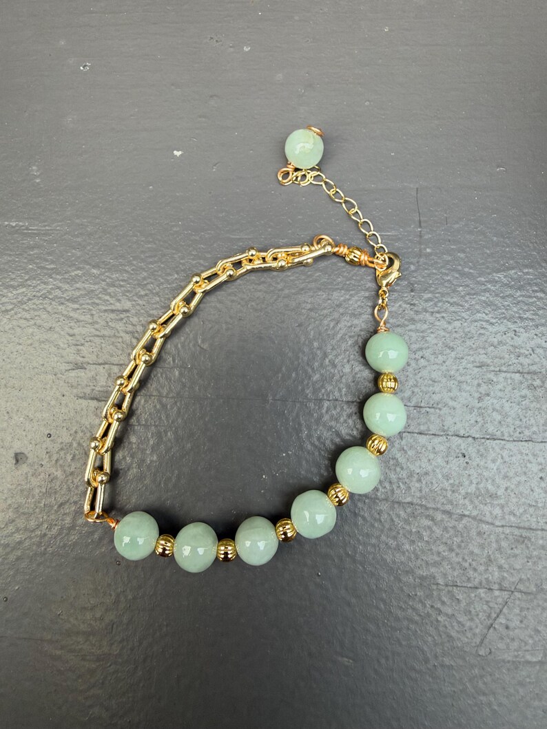 Natural Burmese Jade Bracelet, Light Green Jade Beads, Gold Tone Chain Bracelet, Handmade Jade Jewelry, Elegant Gift for Her